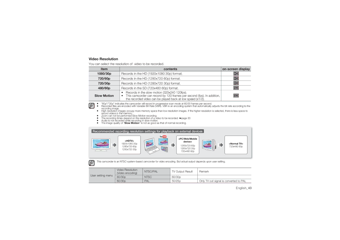 Samsung HMX-U10RP/XER, HMX-U10BP/EDC, HMX-U10RP/EDC Video Resolution, Recorded video can be played back at low speed x1/2 