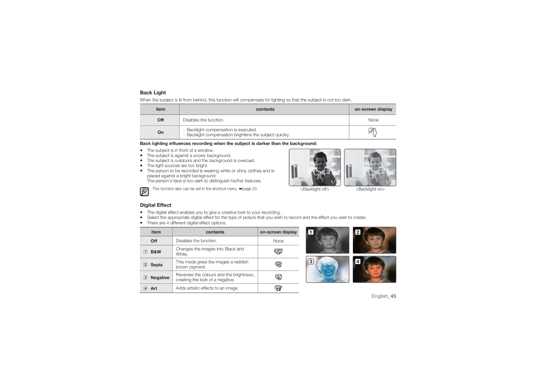 Samsung HMX-U10RP/AAW, HMX-U10BP/EDC, HMX-U10RP/EDC, HMX-U10UP/EDC, HMX-U10EP/EDC, HMX-U10SP/EDC Back Light, Digital Effect 