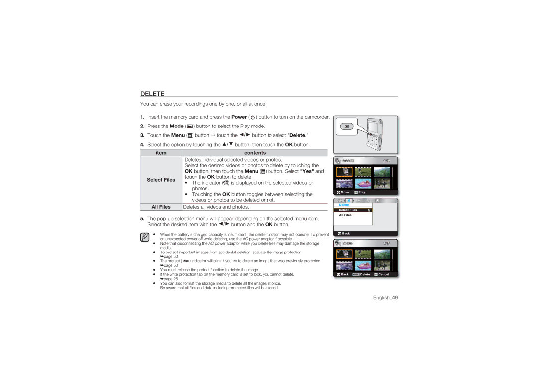 Samsung HMX-U10BP/SEA, HMX-U10BP/EDC, HMX-U10RP/EDC, HMX-U10UP/EDC, HMX-U10EP/EDC, HMX-U10SP/EDC manual Delete, All Files 