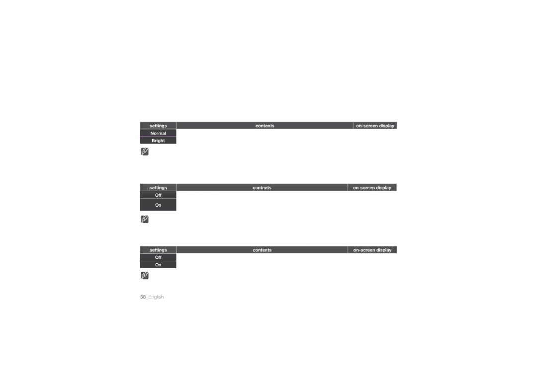 Samsung HMX-U10BP/EDC, HMX-U10RP/EDC, HMX-U10UP/EDC, HMX-U10EP/EDC, HMX-U10SP/EDC LCD Brightness, Auto LCD Off, Beep Sound 