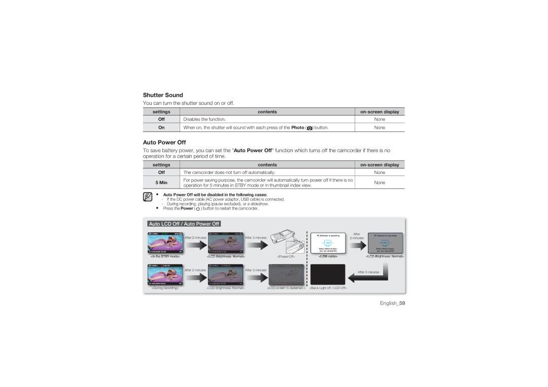 Samsung HMX-U10RP/EDC, HMX-U10BP/EDC, HMX-U10UP/EDC, HMX-U10EP/EDC, HMX-U10SP/EDC, HMX-U10RP/XER Shutter Sound, Auto Power Off 