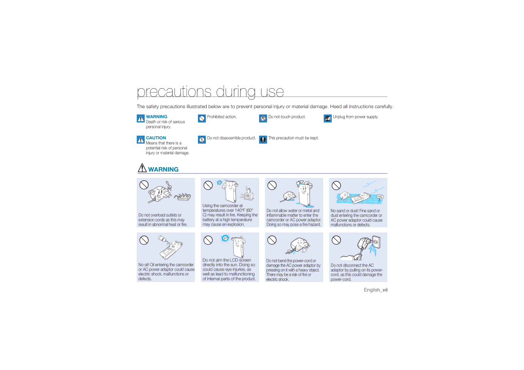 Samsung HMX-U10RP/XER, HMX-U10BP/EDC, HMX-U10RP/EDC, HMX-U10UP/EDC, HMX-U10EP/EDC, HMX-U10SP/EDC manual Precautions during use 