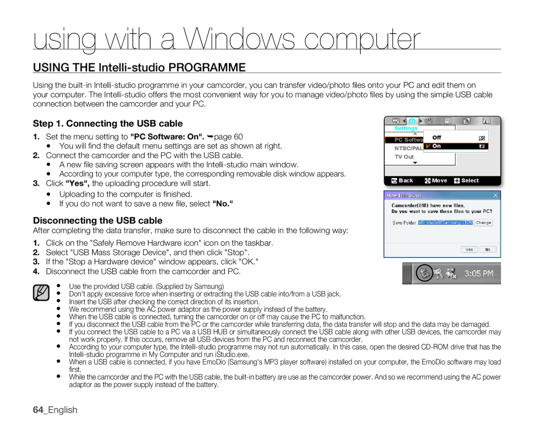 Samsung HMX-U100RP/EDC, HMX-U10BP/EDC, HMX-U10RP/EDC, HMX-U10UP/EDC, HMX-U10EP/EDC manual Using with a Windows computer 