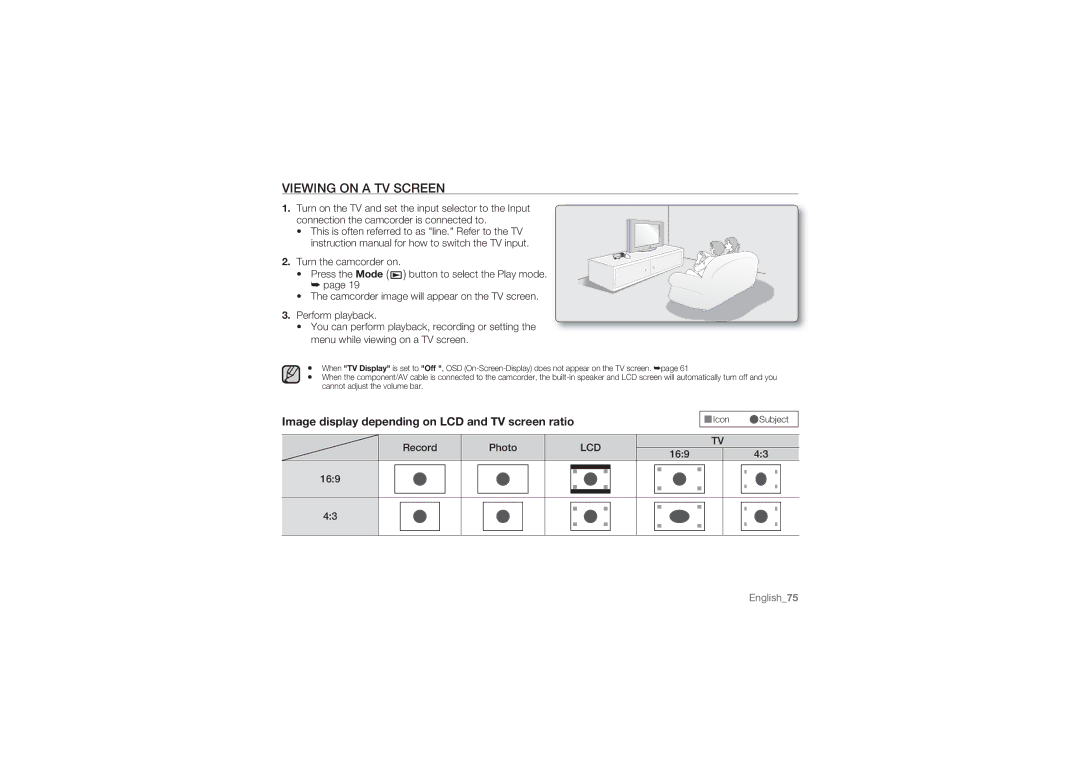 Samsung HMX-U10UP/XER, HMX-U10BP/EDC manual Viewing on a TV Screen, Image display depending on LCD and TV screen ratio 