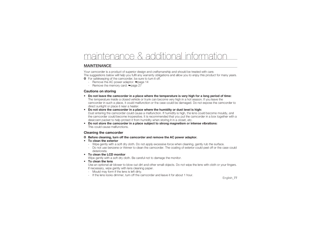 Samsung HMX-U10BP/XIL manual Maintenance & additional information, Cleaning the camcorder, To clean the LCD monitor 