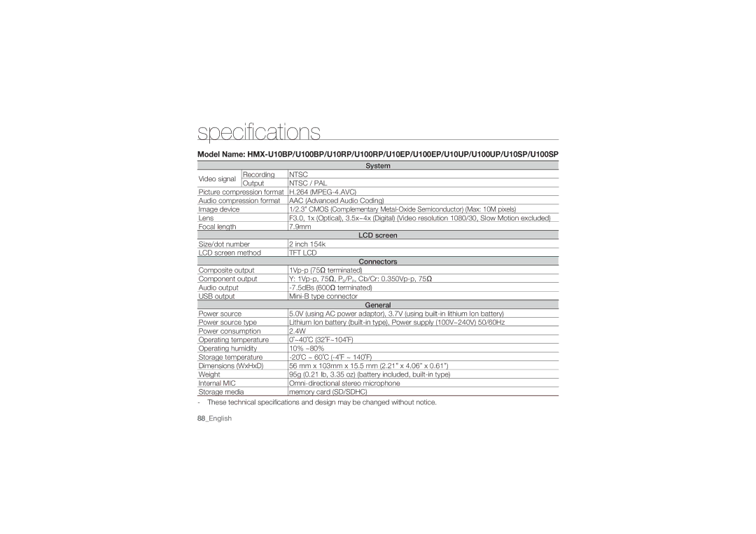 Samsung HMX-U10SP/AAW, HMX-U10BP/EDC, HMX-U10RP/EDC, HMX-U10UP/EDC, HMX-U10EP/EDC, HMX-U10SP/EDC Speciﬁcations, Ntsc / PAL 