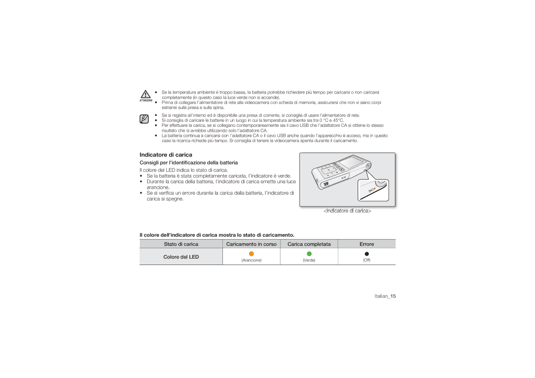 Samsung HMX-U10EP/EDC, HMX-U10BP/EDC, HMX-U10RP/EDC, HMX-U10UP/EDC, HMX-U10SP/EDC manual Indicatore di carica 