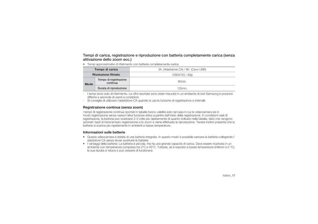 Samsung HMX-U10BP/EDC, HMX-U10RP/EDC Registrazione continua senza zoom, Informazioni sulle batterie, Tempo di carica, Modo 