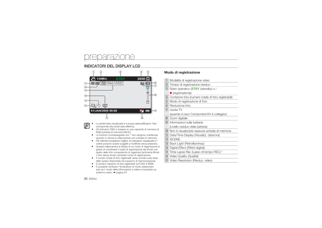 Samsung HMX-U10EP/EDC, HMX-U10BP/EDC, HMX-U10RP/EDC, HMX-U10UP/EDC manual Indicatori DEL Display LCD, Modo di registrazione 