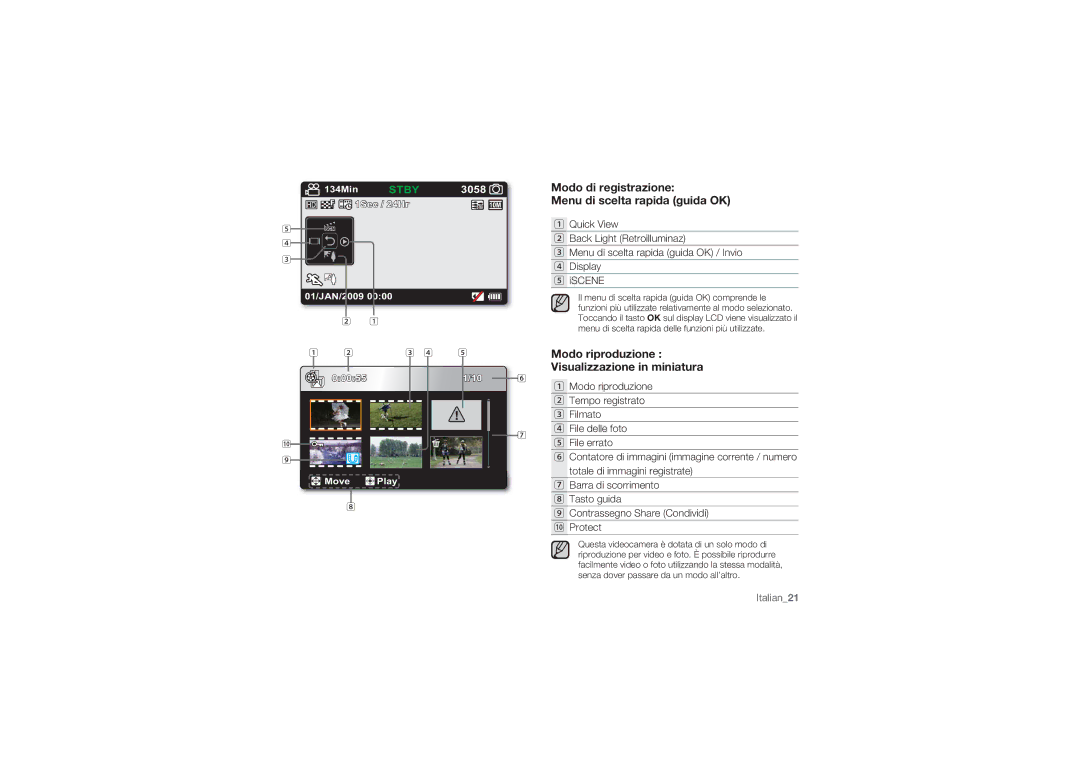 Samsung HMX-U10SP/EDC, HMX-U10BP/EDC manual Menu di scelta rapida guida OK, Modo riproduzione Visualizzazione in miniatura 