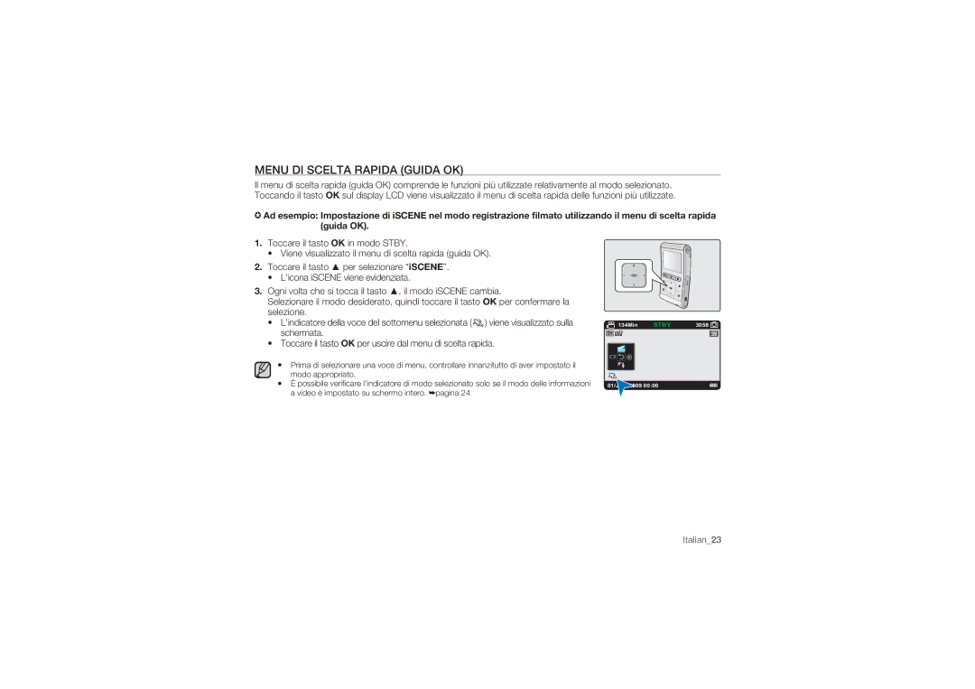 Samsung HMX-U10RP/EDC, HMX-U10BP/EDC, HMX-U10UP/EDC, HMX-U10EP/EDC, HMX-U10SP/EDC manual Menu DI Scelta Rapida Guida OK 