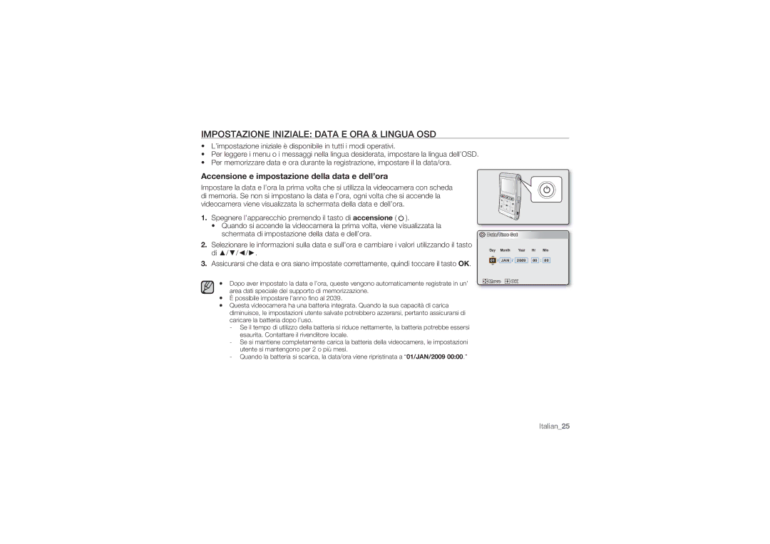 Samsung HMX-U10EP/EDC manual Impostazione Iniziale Data E ORA & Lingua OSD, Accensione e impostazione della data e dell’ora 