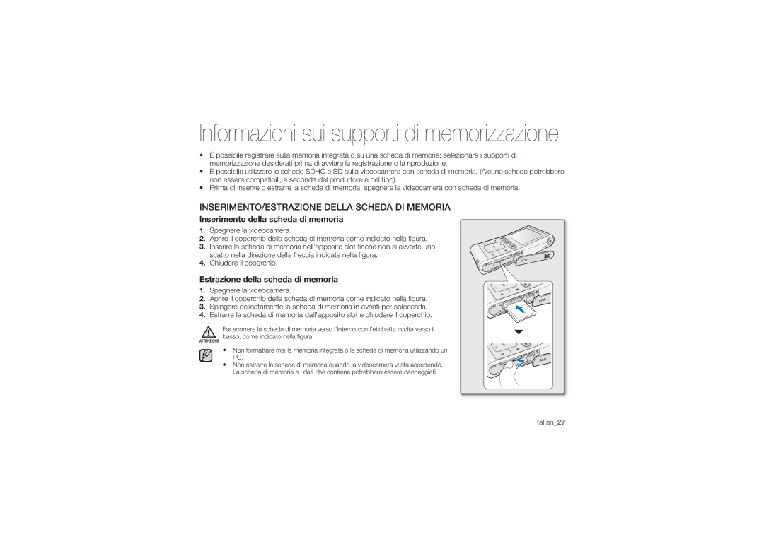 Samsung HMX-U10BP/EDC, HMX-U10RP/EDC INSERIMENTO/ESTRAZIONE Della Scheda DI Memoria, Inserimento della scheda di memoria 