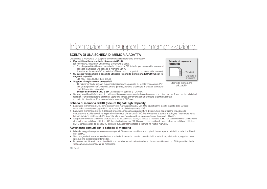 Samsung HMX-U10RP/EDC manual Scelta DI UNA Scheda DI Memoria Adatta, Scheda di memoria Sdhc Secure Digital High Capacity 