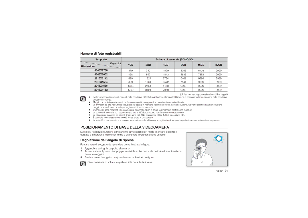 Samsung HMX-U10SP/EDC, HMX-U10BP/EDC, HMX-U10RP/EDC Posizionamento DI Base Della Videocamera, Numero di foto registrabili 