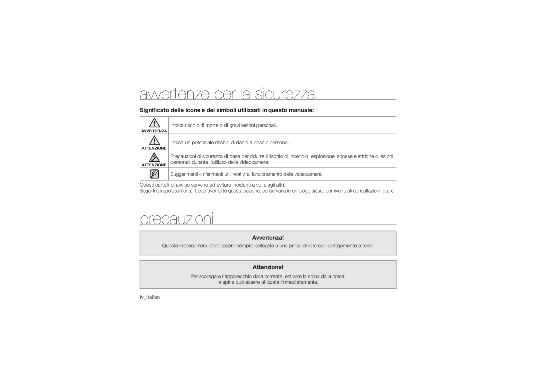 Samsung HMX-U10SP/EDC, HMX-U10BP/EDC, HMX-U10RP/EDC manual Avvertenze per la sicurezza, Precauzioni, Avvertenza, Attenzione 