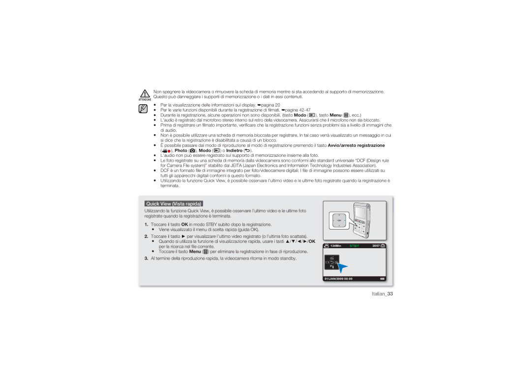 Samsung HMX-U10RP/EDC, HMX-U10BP/EDC, HMX-U10UP/EDC, HMX-U10EP/EDC Quick View Vista rapida, Per la ricerca nel ﬁle corrente 