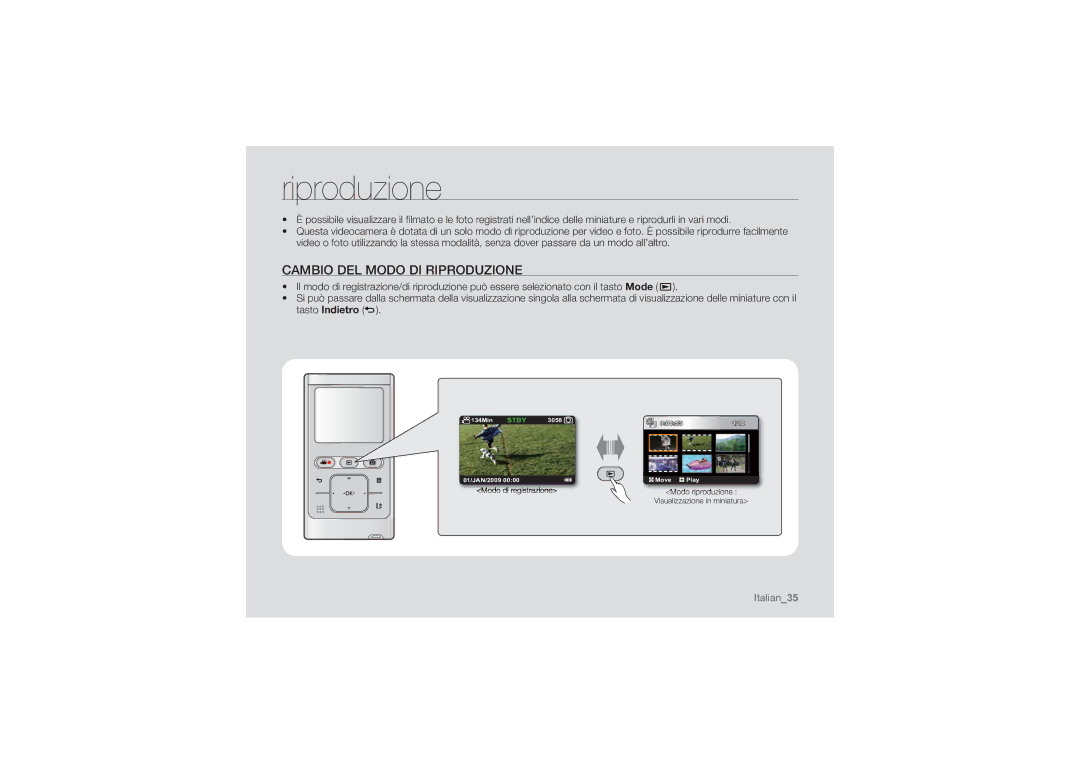 Samsung HMX-U10EP/EDC, HMX-U10BP/EDC, HMX-U10RP/EDC, HMX-U10UP/EDC, HMX-U10SP/EDC manual Cambio DEL Modo DI Riproduzione 