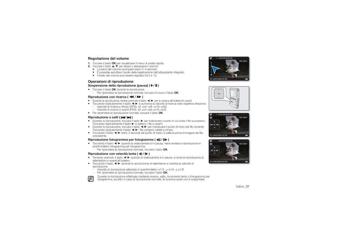 Samsung HMX-U10BP/EDC, HMX-U10RP/EDC, HMX-U10UP/EDC, HMX-U10EP/EDC manual Regolazione del volume, Operazioni di riproduzione 