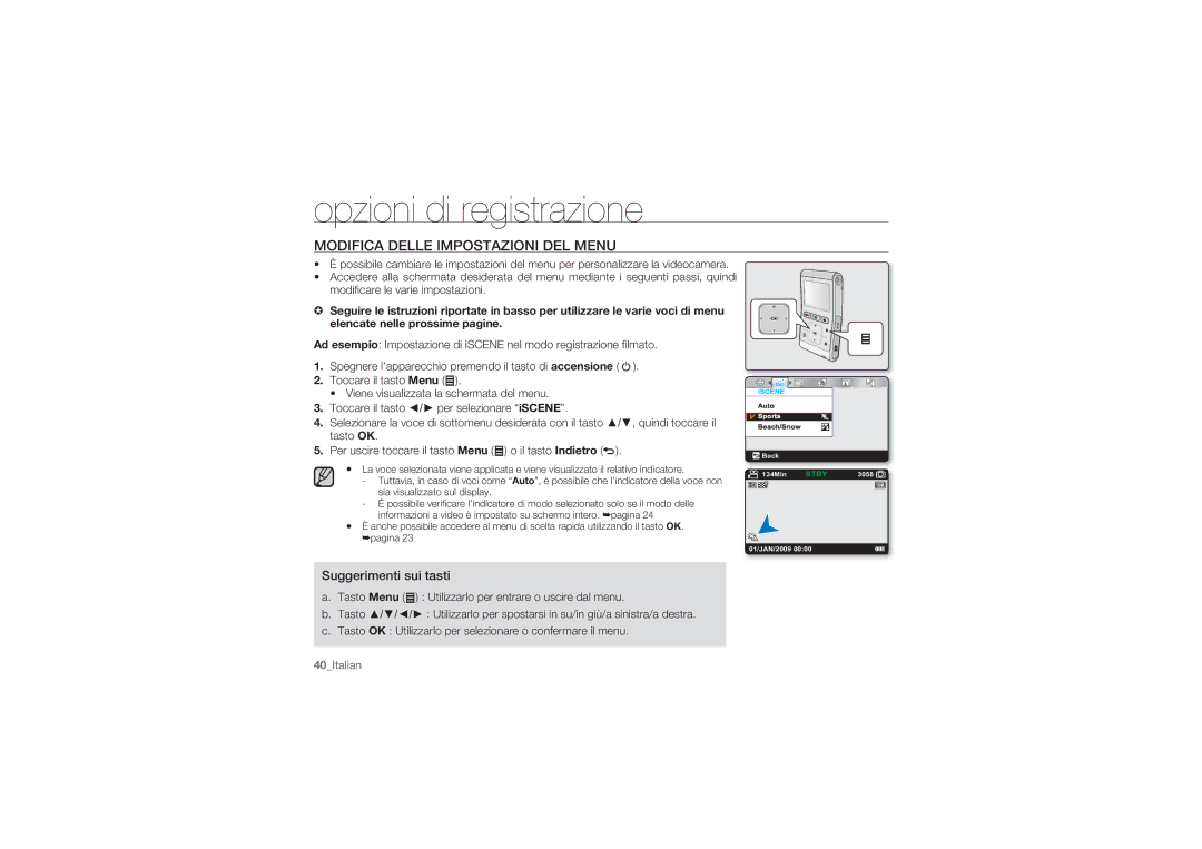 Samsung HMX-U10EP/EDC, HMX-U10BP/EDC, HMX-U10RP/EDC manual Opzioni di registrazione, Modifica Delle Impostazioni DEL Menu 