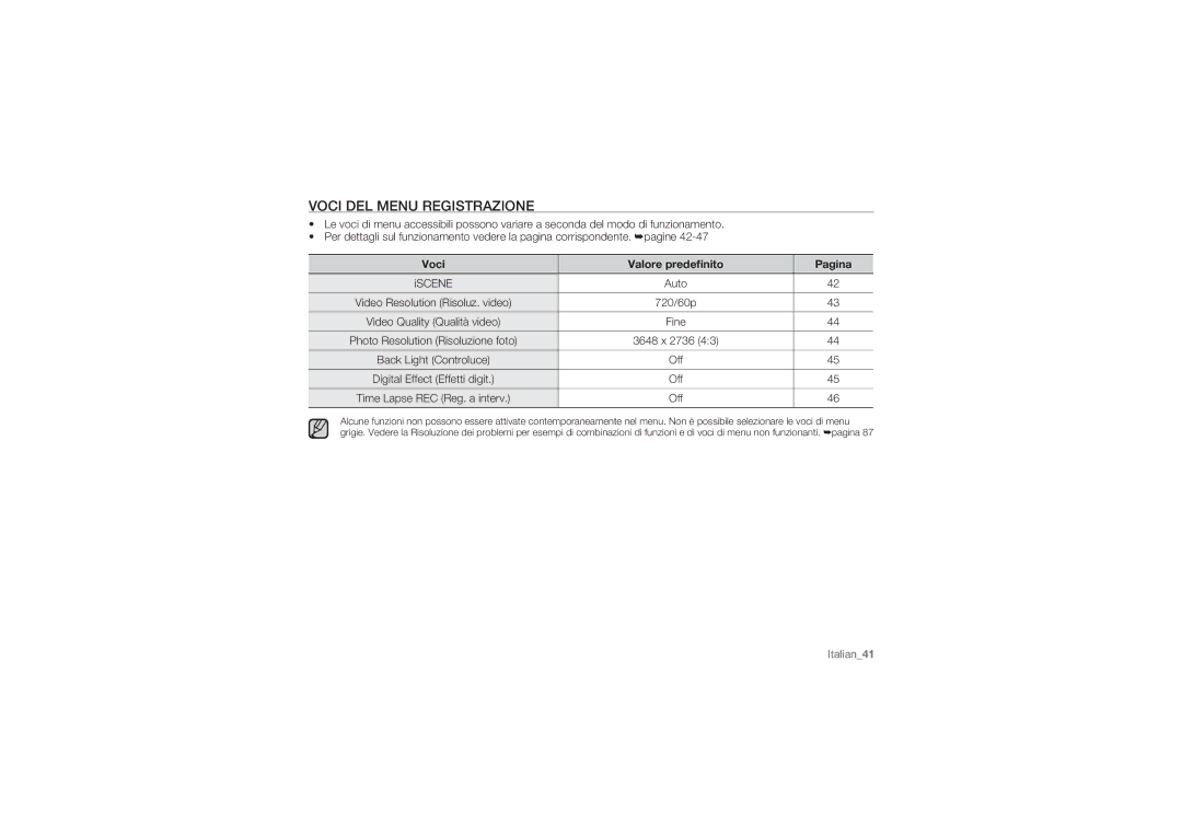 Samsung HMX-U10SP/EDC, HMX-U10BP/EDC, HMX-U10RP/EDC manual Voci DEL Menu Registrazione, Voci Valore predeﬁnito Pagina 