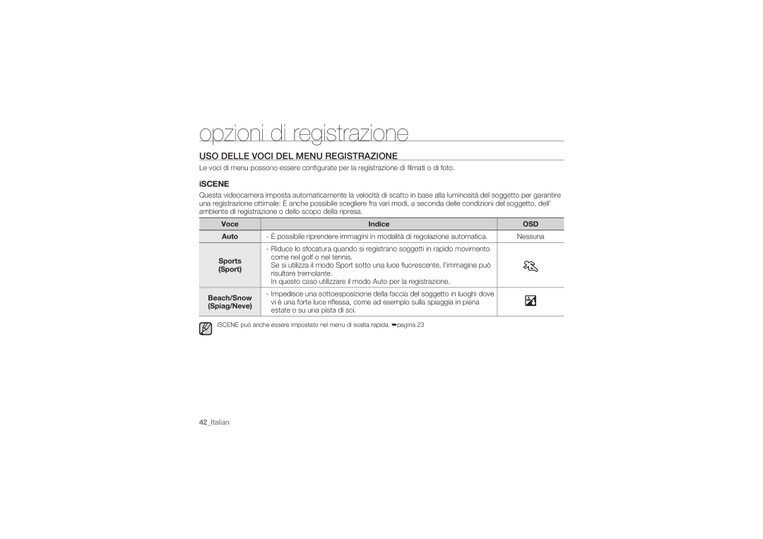 Samsung HMX-U10BP/EDC, HMX-U10RP/EDC, HMX-U10UP/EDC manual USO Delle Voci DEL Menu Registrazione, Iscene, Voce Indice 