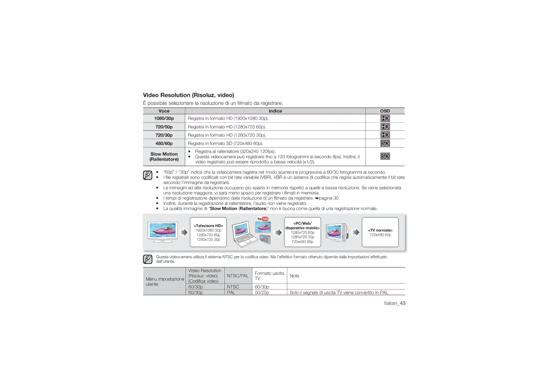 Samsung HMX-U10RP/EDC, HMX-U10BP/EDC, HMX-U10UP/EDC, HMX-U10EP/EDC manual Video Resolution Risoluz. video, Voce Indice 