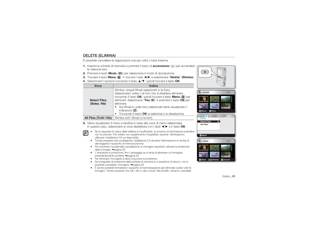 Samsung HMX-U10UP/EDC, HMX-U10BP/EDC, HMX-U10RP/EDC, HMX-U10EP/EDC, HMX-U10SP/EDC manual Delete Elimina, Indice 