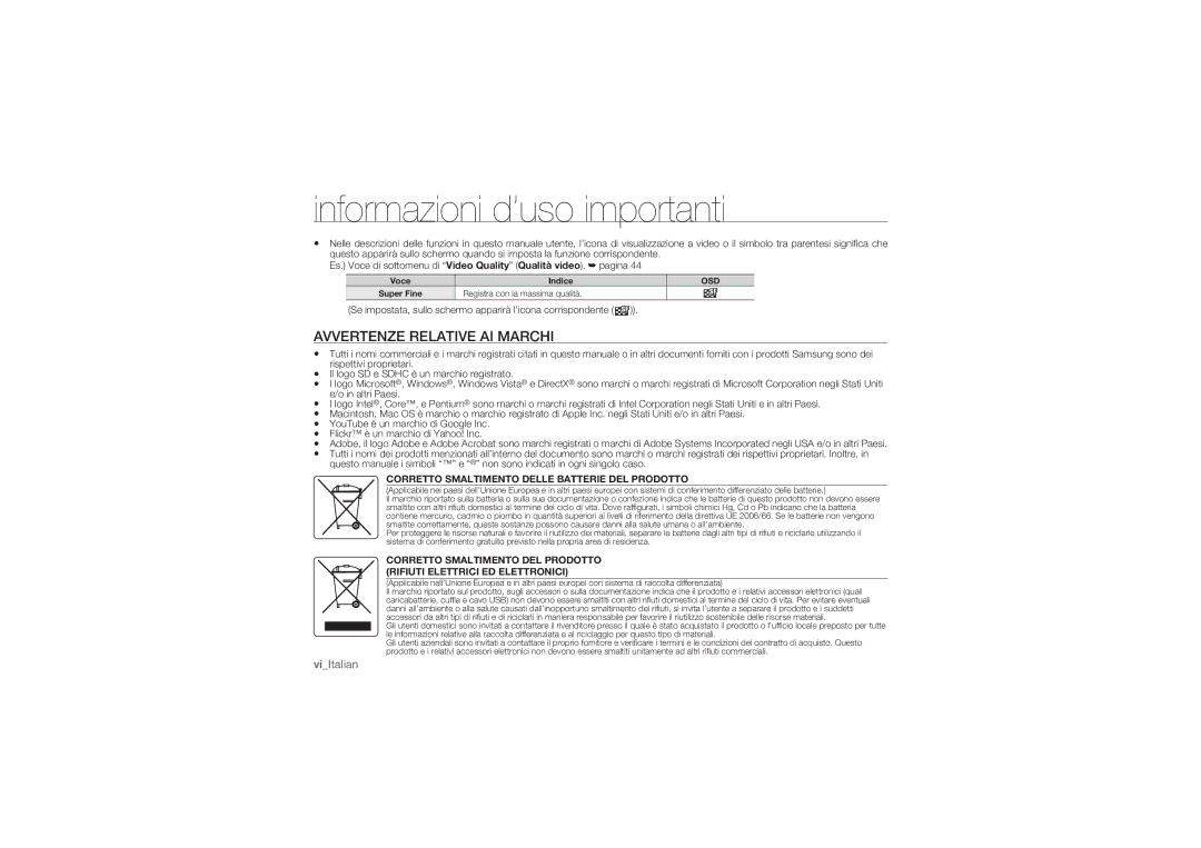 Samsung HMX-U10RP/EDC, HMX-U10BP/EDC manual Avvertenze Relative AI Marchi, Corretto Smaltimento Delle Batterie DEL Prodotto 