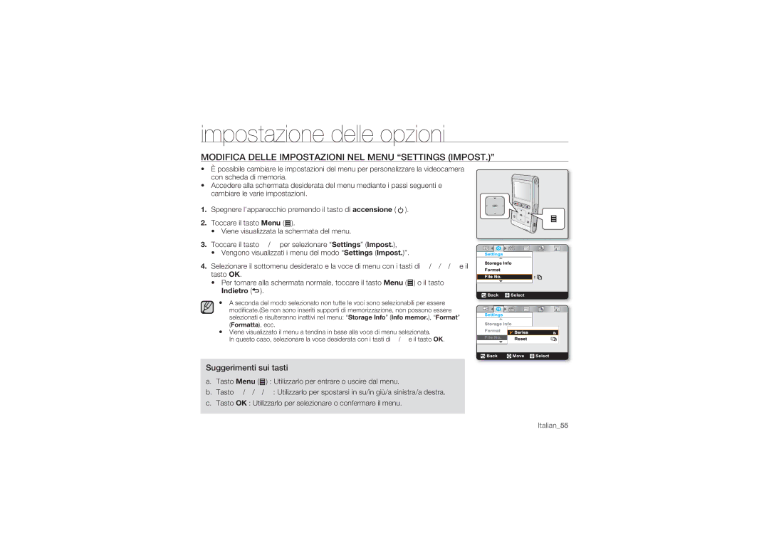 Samsung HMX-U10EP/EDC, HMX-U10BP/EDC manual Impostazione delle opzioni, Modifica Delle Impostazioni NEL Menu Settings Impost 