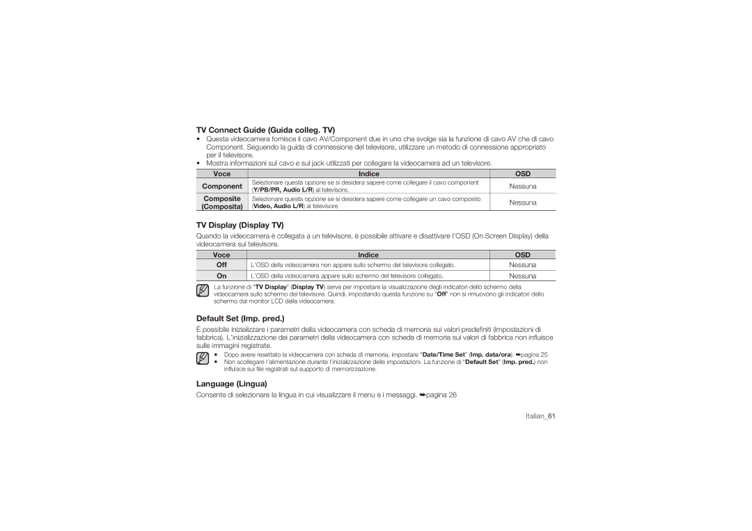 Samsung HMX-U10SP/EDC TV Connect Guide Guida colleg. TV, TV Display Display TV, Default Set Imp. pred, Language Lingua 