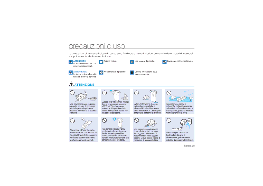 Samsung HMX-U10UP/EDC, HMX-U10BP/EDC, HMX-U10RP/EDC, HMX-U10EP/EDC, HMX-U10SP/EDC manual Precauzioni d’uso, Attenzione 