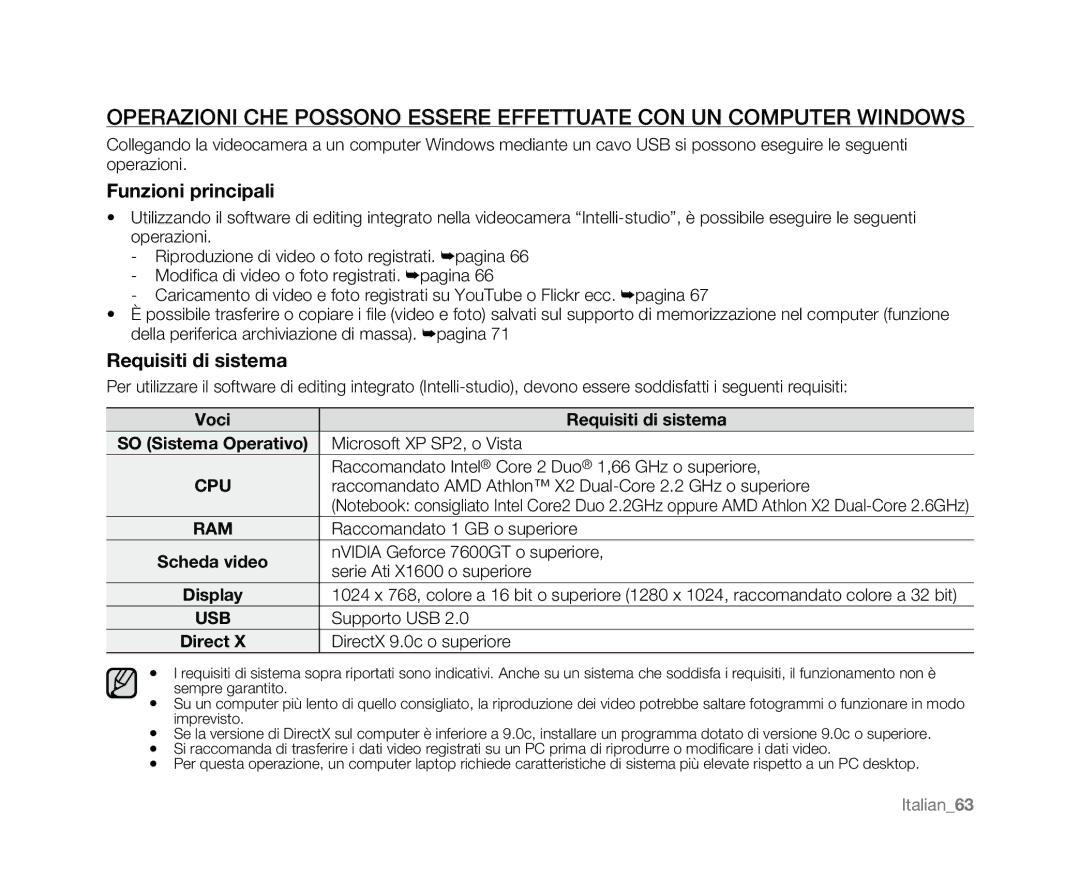 Samsung HMX-U10RP/EDC, HMX-U10BP/EDC, HMX-U10UP/EDC, HMX-U10EP/EDC, HMX-U10SP/EDC manual Funzioni principali 