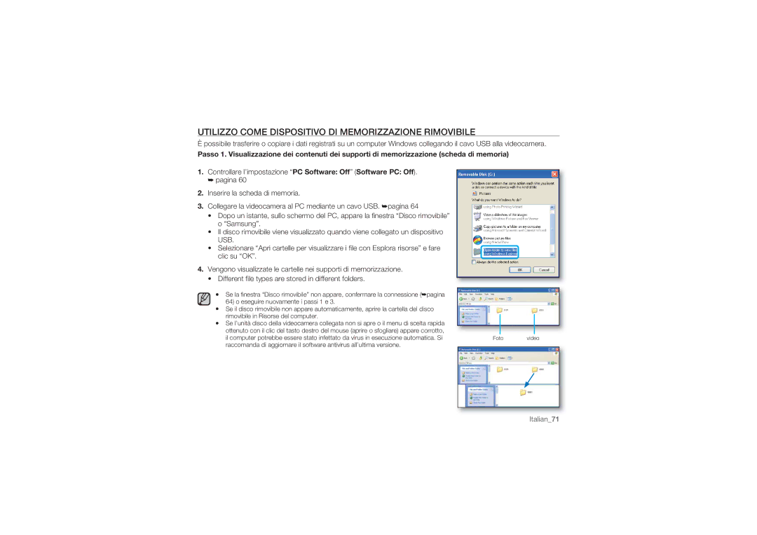 Samsung HMX-U10SP/EDC, HMX-U10BP/EDC, HMX-U10RP/EDC, HMX-U10UP/EDC Utilizzo Come Dispositivo DI Memorizzazione Rimovibile 