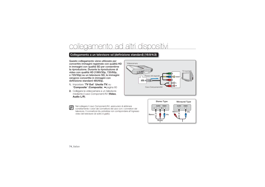 Samsung HMX-U10UP/EDC manual Collegamento a un televisore sd deﬁnizione standard 169/43, Composite Composita. ²pagina 