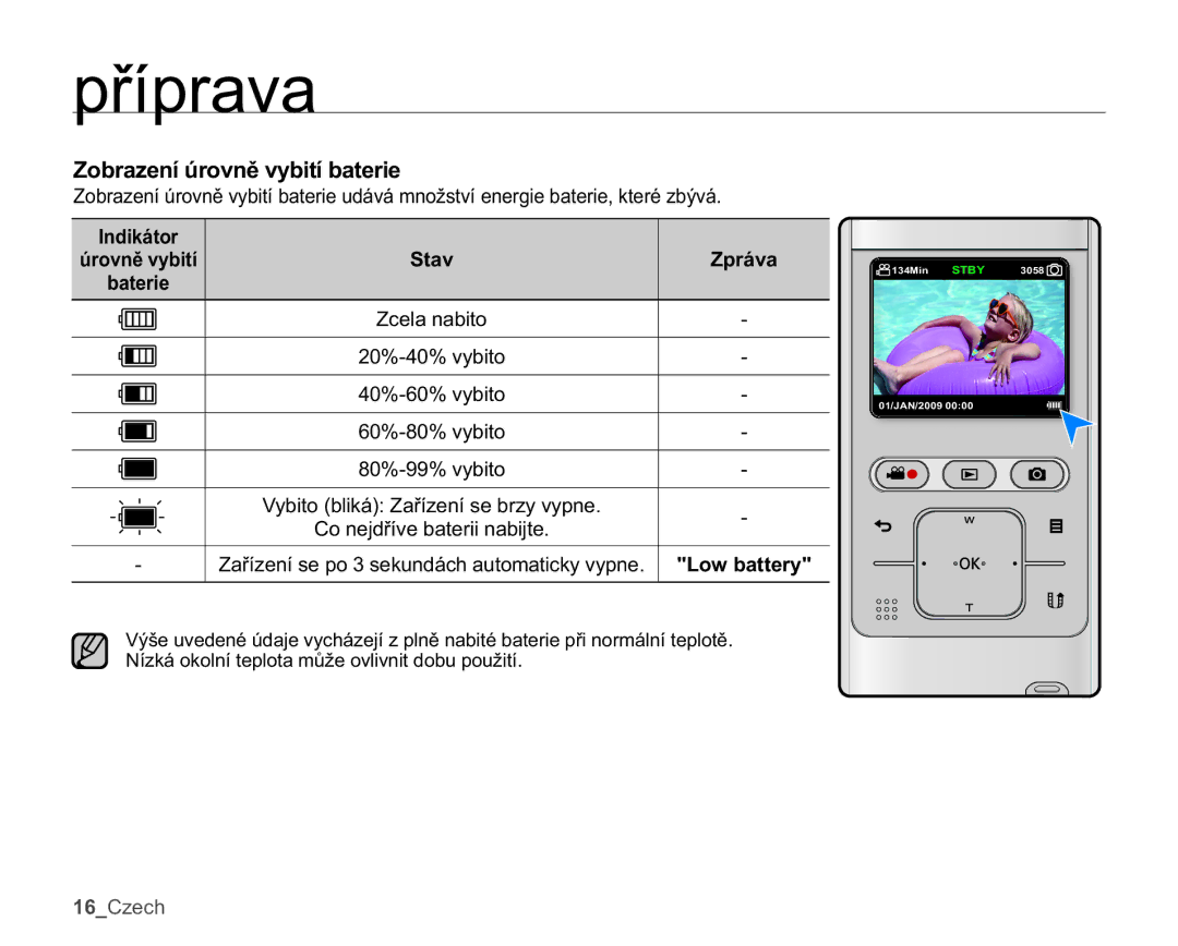 Samsung HMX-U10SP/EDC =REUDHQt~URYQČY\ELWtEDWHULH, =DĜtHQtVHSRVHNXQGiFKDXWRPDWLFN\Y\SQH /RZEDWWHU\, =SUiYD 