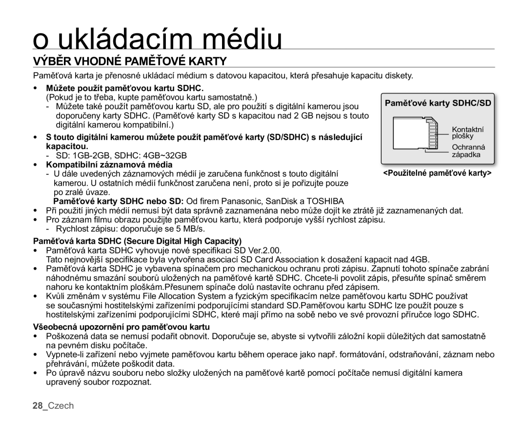 Samsung HMX-U10RP/EDC manual 0ĤåHWHSRXåtWSDPČĢRYRXNDUWX6+&, 3DPČĢRYpNDUW\6+&6,  RPSDWLELOQtiQDPRYiPpGLD 