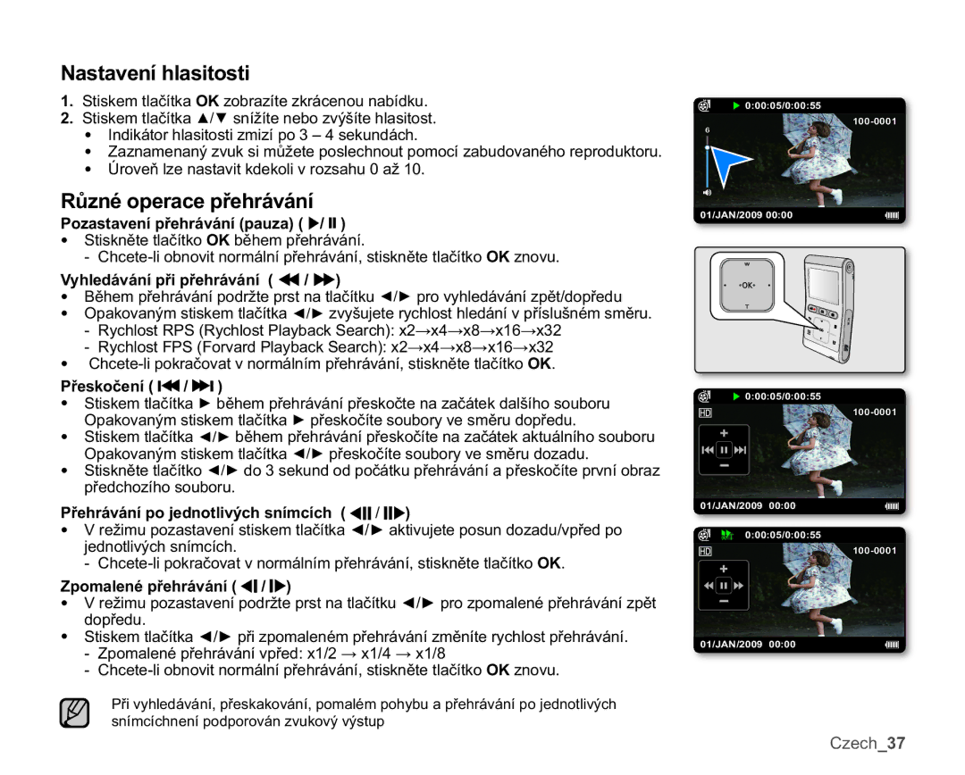 Samsung HMX-U10BP/EDC, HMX-U10RP/EDC, HMX-U10UP/EDC, HMX-U10EP/EDC manual 1DVWDYHQtKODVLWRVWL, 5ĤQpRSHUDFHSĜHKUiYiQt 