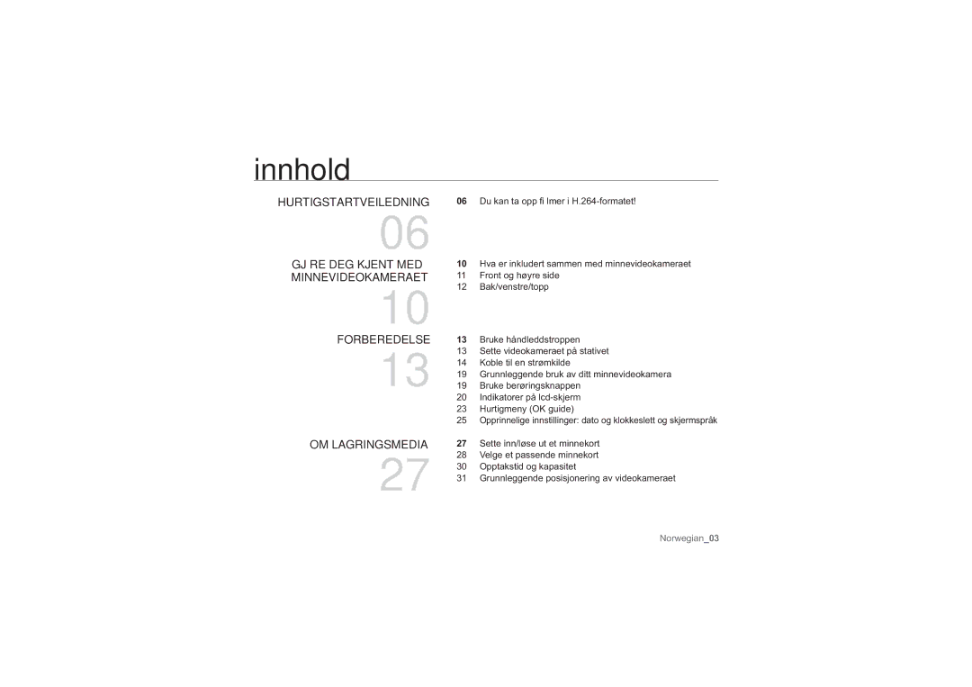 Samsung HMX-U10RP/EDC, HMX-U10BP/EDC Innhold, Hurtigstartveiledning, Gjøre DEG Kjent MED Minnevideokameraet, Forberedelse 