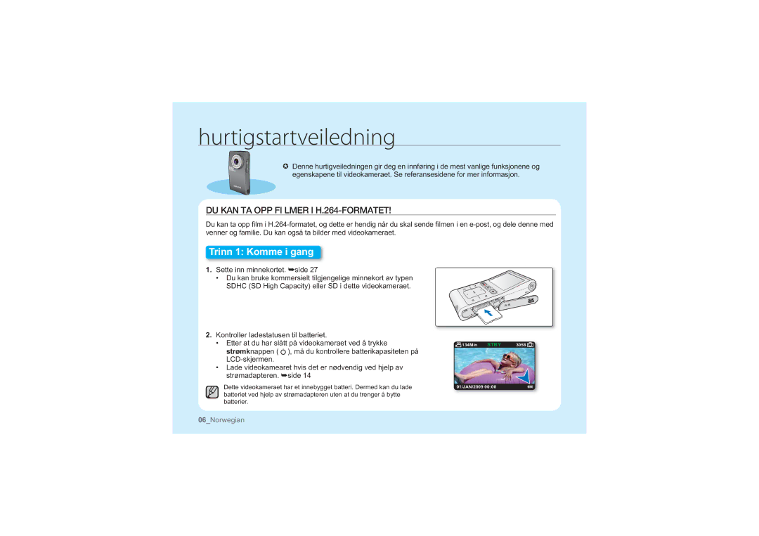 Samsung HMX-U10SP/EDC, HMX-U10BP/EDC, HMX-U10RP/EDC manual Hurtigstartveiledning, DU KAN TA OPP FI Lmer I H.264-FORMATET 