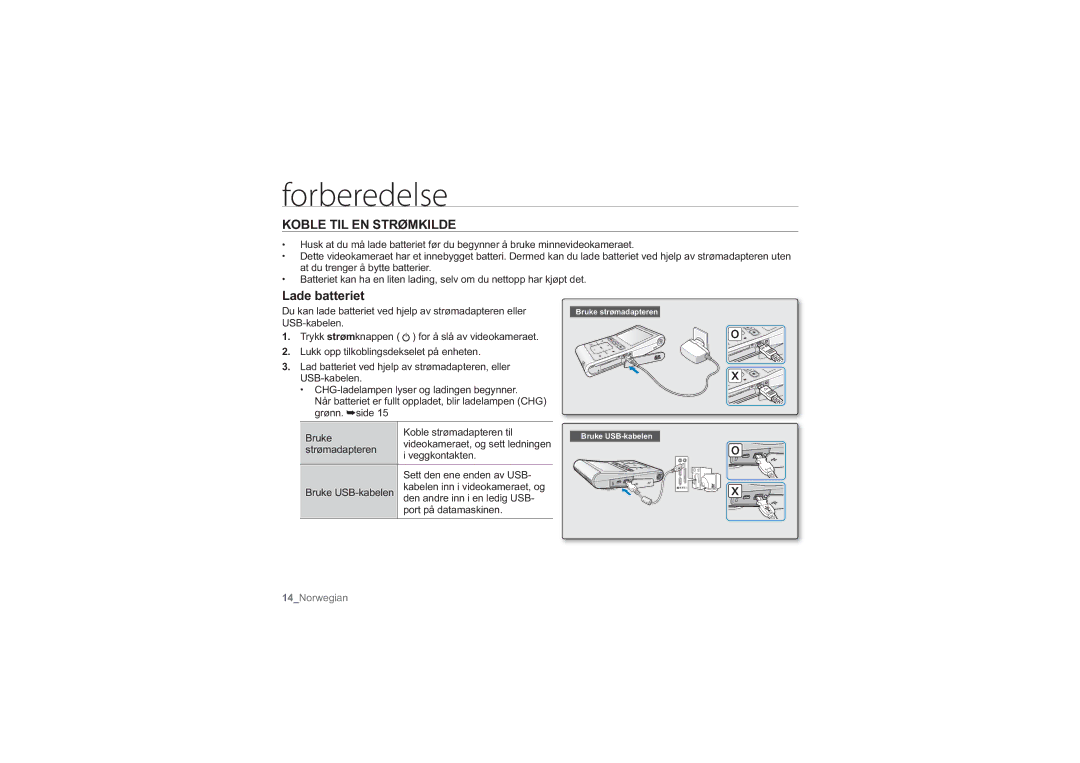 Samsung HMX-U10UP/EDC, HMX-U10BP/EDC, HMX-U10RP/EDC, HMX-U10EP/EDC, HMX-U10SP/EDC Koble TIL EN Strømkilde, Lade batteriet 