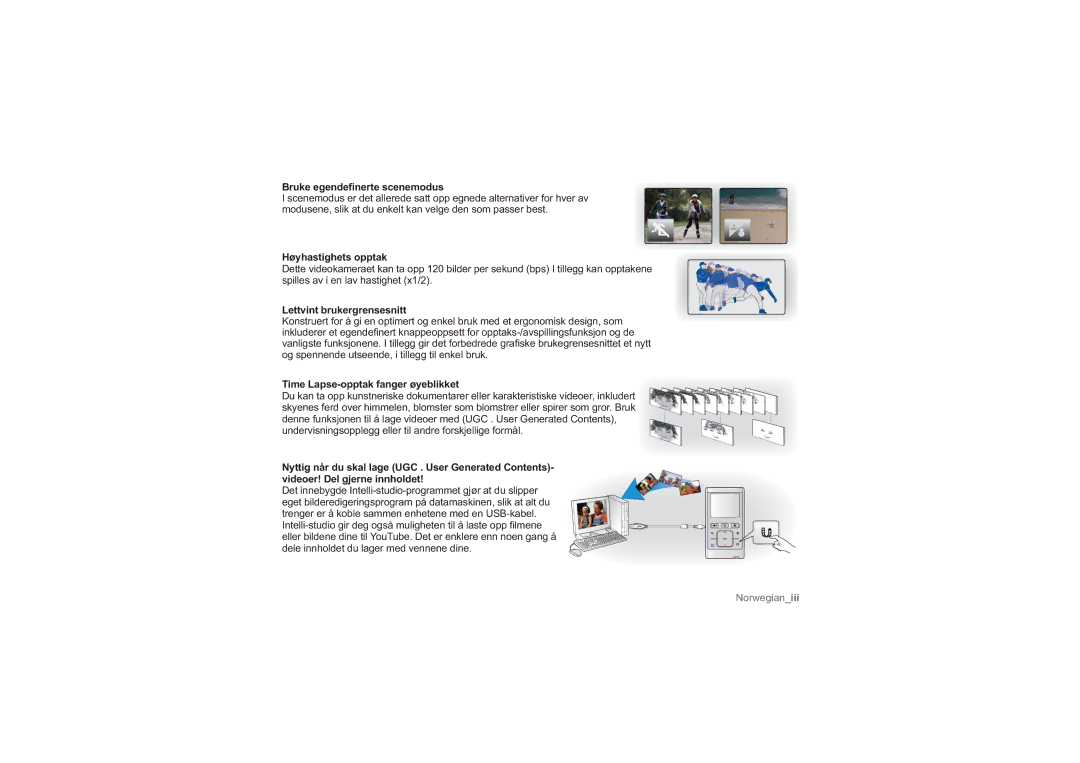 Samsung HMX-U10EP/EDC, HMX-U10BP/EDC manual Bruke egendeﬁnerte scenemodus, Høyhastighets opptak, Lettvint brukergrensesnitt 