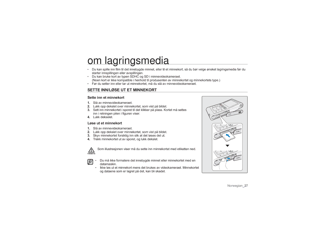 Samsung HMX-U10BP/EDC manual Om lagringsmedia, Sette INN/LØSE UT ET Minnekort, Sette inn et minnekort, Løse ut et minnekort 