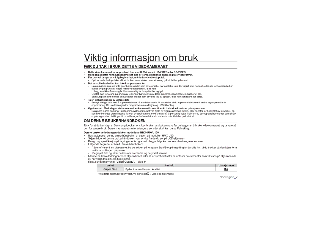 Samsung HMX-U10BP/EDC manual Viktig informasjon om bruk, FØR DU TAR I Bruk Dette Videokameraet, OM Denne Brukerhåndboken 