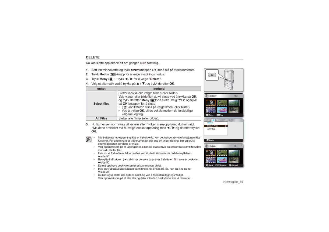 Samsung HMX-U10UP/EDC, HMX-U10BP/EDC, HMX-U10RP/EDC, HMX-U10EP/EDC manual Trykk Meny trykk / for å velge Delete, Select ﬁles 