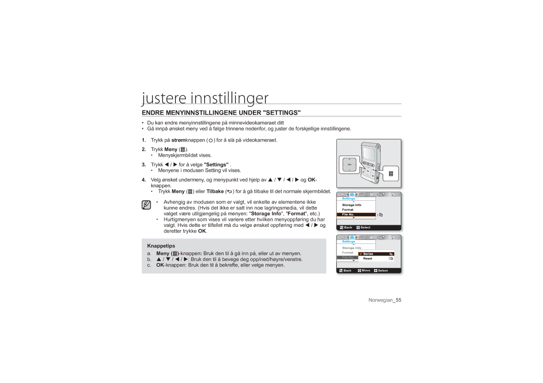 Samsung HMX-U10EP/EDC, HMX-U10BP/EDC, HMX-U10RP/EDC manual Justere innstillinger, Endre Menyinnstillingene Under Settings 