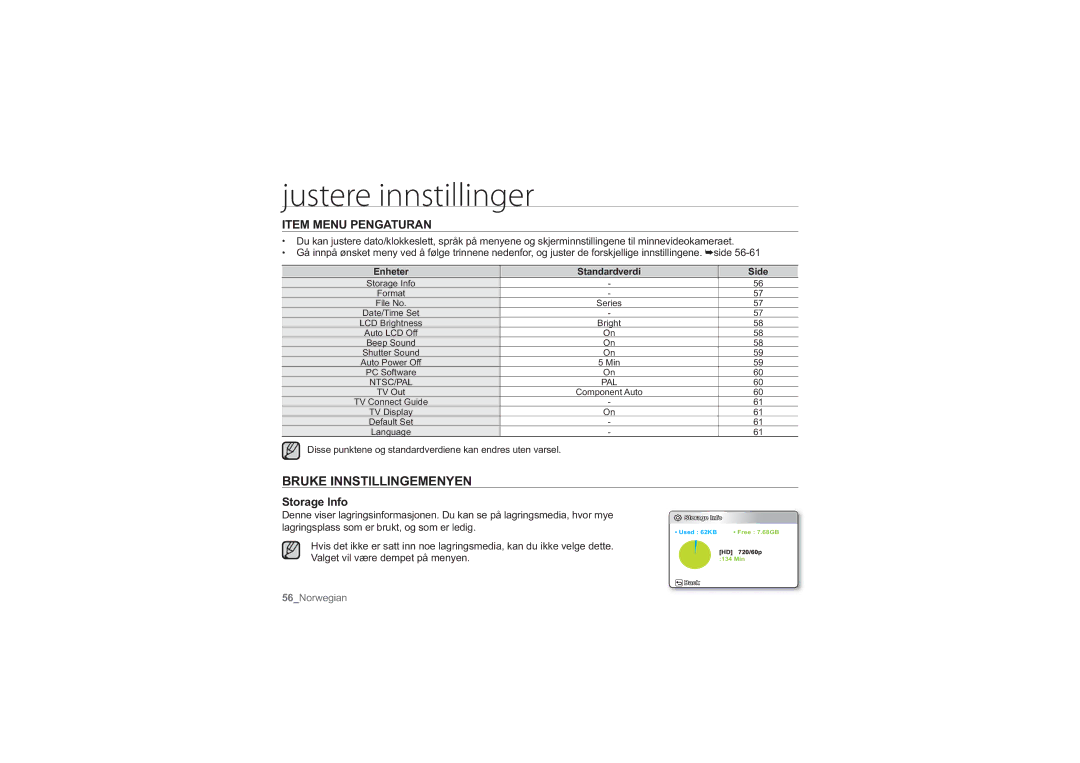 Samsung HMX-U10SP/EDC, HMX-U10BP/EDC, HMX-U10RP/EDC, HMX-U10UP/EDC Bruke Innstillingemenyen, Storage Info, Standardverdi 