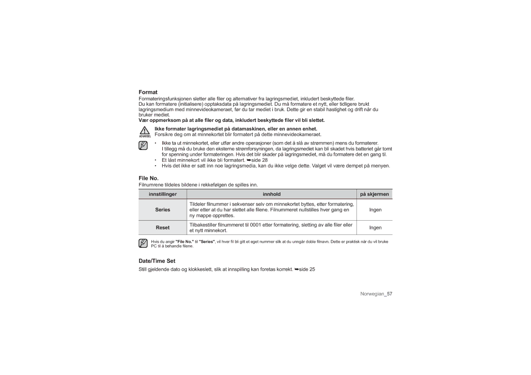 Samsung HMX-U10BP/EDC, HMX-U10RP/EDC, HMX-U10UP/EDC, HMX-U10EP/EDC Format, File No, Date/Time Set, Innstillinger Innhold 