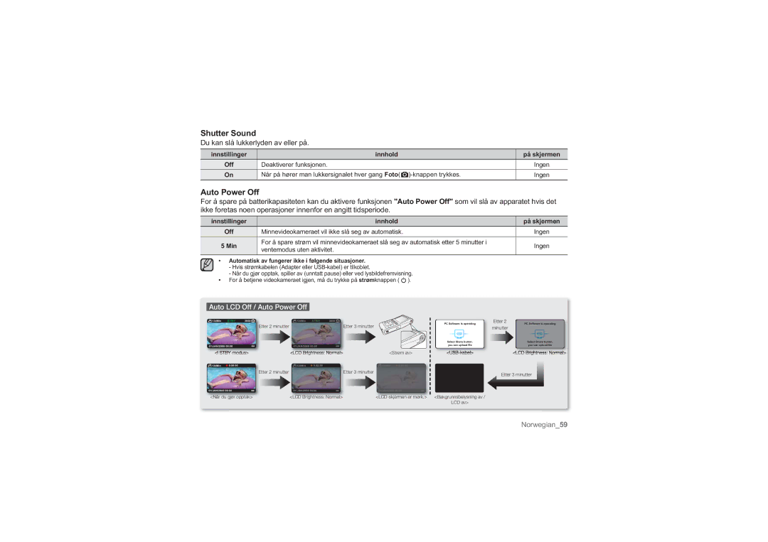 Samsung HMX-U10UP/EDC, HMX-U10BP/EDC, HMX-U10RP/EDC Shutter Sound, Auto Power Off, Innstillinger Innhold På skjermen Off 