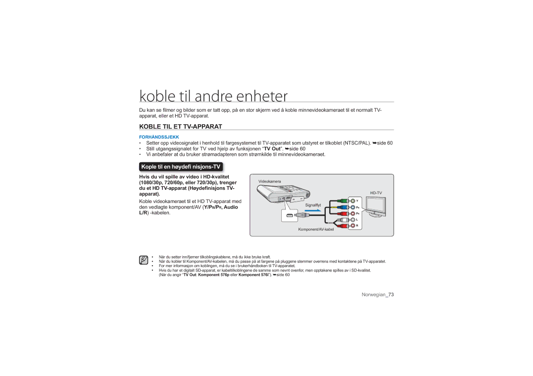 Samsung HMX-U10RP/EDC manual Koble til andre enheter, Koble TIL ET TV-APPARAT, Hvis du vil spille av video i HD-kvalitet 